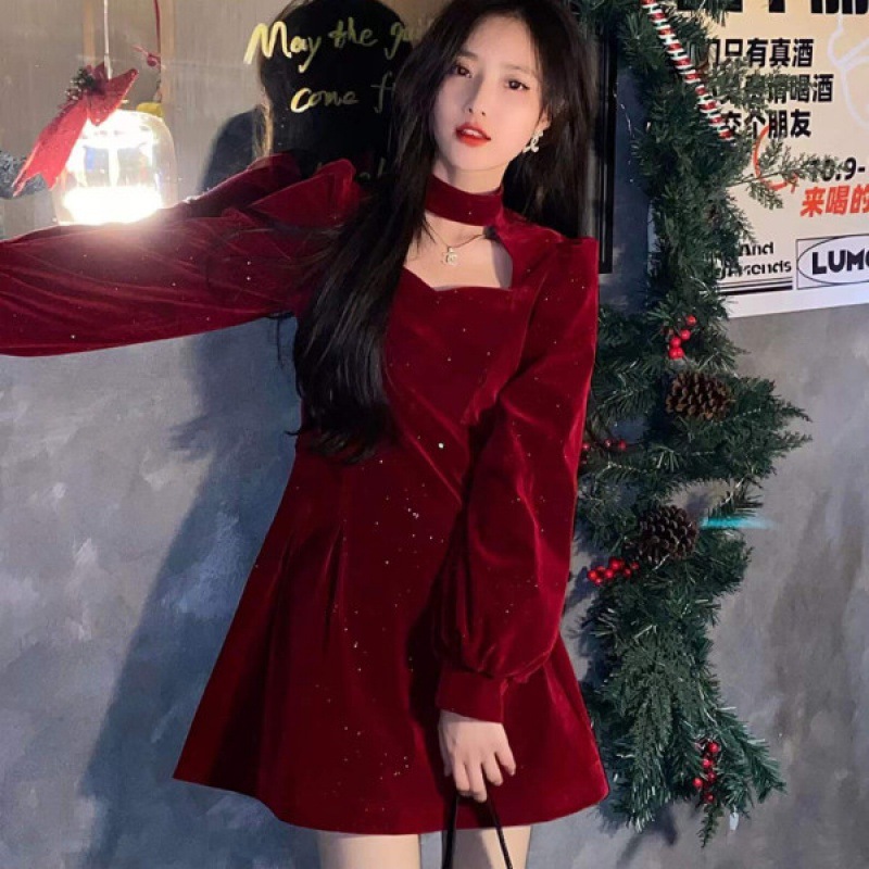 Women'S Red Formal Wear - Женское бархатное платье с блестками, Новое